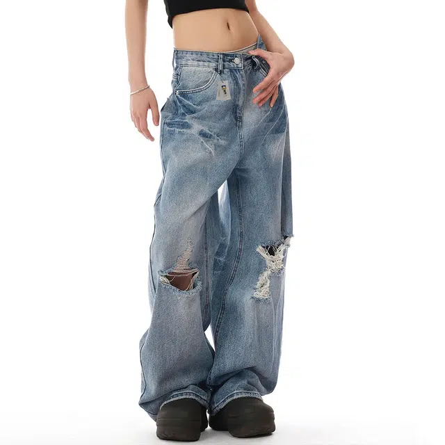 地界二 美式复古水洗做旧刺绣破洞男高街潮牌宽松休闲阔腿拖地裤水洗复古刺绣宽松潮流中腰长裤牛仔裤 男款