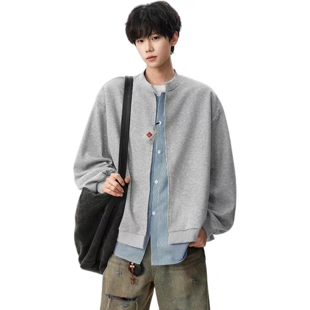 北极绒 灰色假两件条纹外套男潮牌秋季宽松休闲情侣百搭开衫灰色假两件条纹纯色常规潮开衫卫衣 男女同款