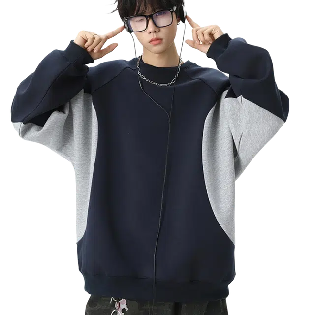 寻星记 美式复古拼接撞色宽松套头上衣 春秋季舒适休闲个性潮流卫衣 男女同款