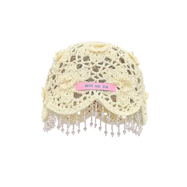 艾佳微 波西米亚风串珠流苏镂空薄款时尚钩 棉 帽子 男女同款情侣款