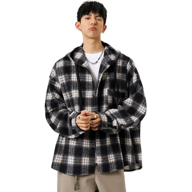 佐菲利 美式复古格子潮牌设计感连帽衬衣高街休闲百搭情侣外套衬衫 男女同款