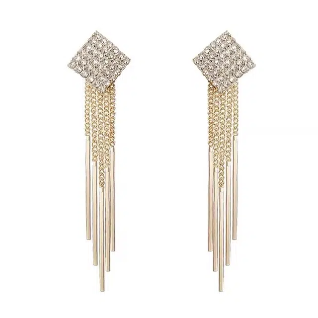 澜耀 钻芒金缕 几何方块镶钻流苏 夸张气质耳饰 铜合金 耳环 女款