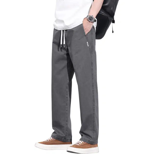 瑞梵帝斯 美式高街复古品牌刺绣抽绳松紧系带水洗纯色做旧磨白拖地直筒棉布宽松垂感百搭户外休闲裤 男款