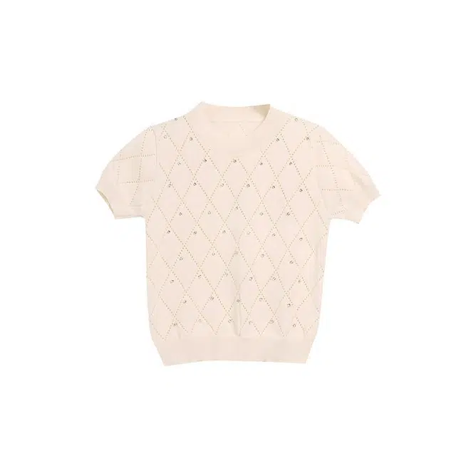 木清清 钉珠菱格短袖设计感小众修身显瘦短款上衣针织衫 女款