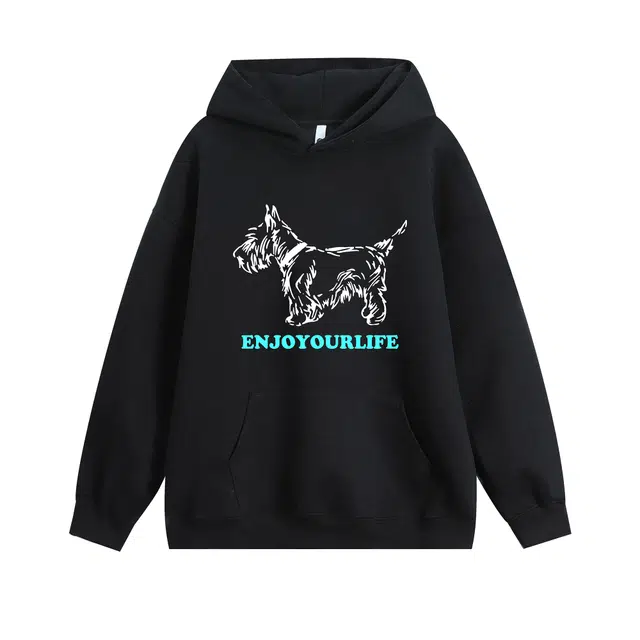 艾梵斯贝 美式复古潮流手绘小狗字母印花简约设计感无性别主义潮酷高街风宽松休闲重磅连帽卫衣 男女同款