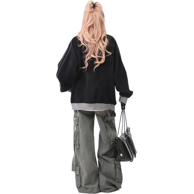 邓大喵 美式复古个性宽松拼服外套男女春秋刺绣立领夹克上衣潮棒球服 女款