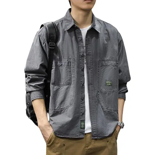 前进牛 阿美咔叽复古水洗潮牌高街痞帅休闲纯棉翻领外套工装衬衣长袖衬衫 男女同款