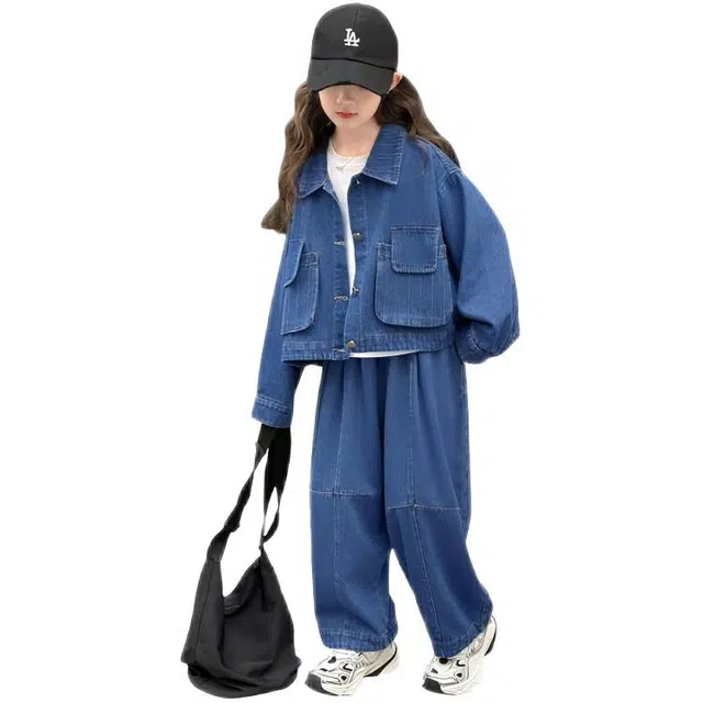 木木兔休闲运动套装 青春潮流时尚女大童秋季学生工装牛仔个性两件套 宽松舒适百搭 时髦洋气