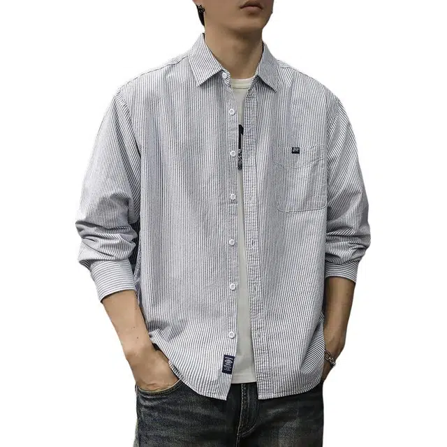 前进牛 春季美式休闲复古潮牌经典条纹宽松大码休闲潮流雅痞帅衬衣纯棉翻领外套长袖衬衫 男女同款