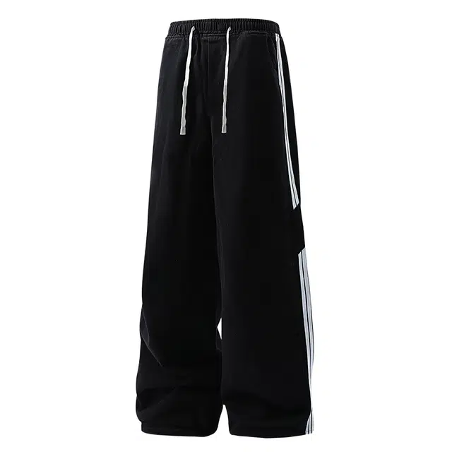 佐菲利 美式复古水洗做旧侧边条纹拼接设计感宽松直筒松紧腰抽绳牛仔裤 男女同款