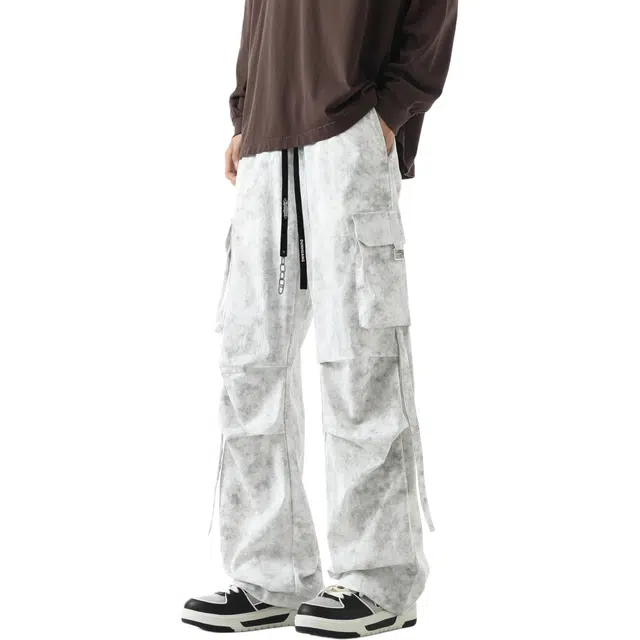 敦煌博物馆 美式高街大码新中式做旧扎染多口袋机能伞兵工装裤垂感宽松直筒阔腿弹性松紧抽绳百搭户外运动透气休闲裤 男女同款