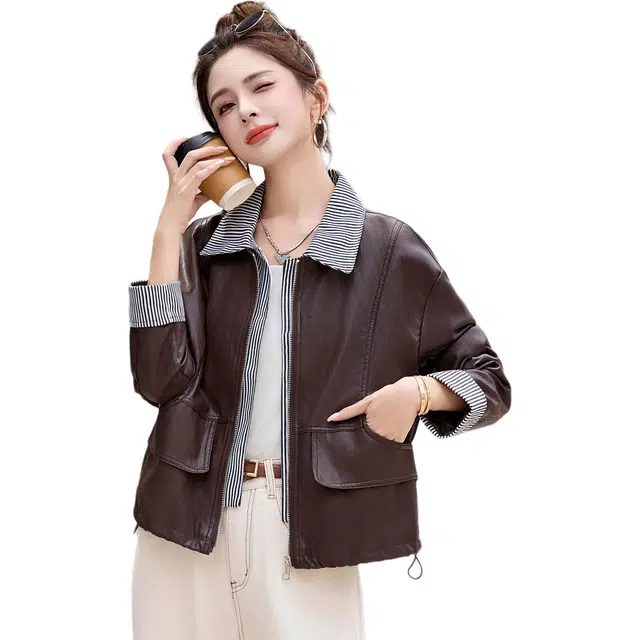 袋鼠 条纹拼接设计气质休闲翻领机车夹克时尚皮衣外套 女款