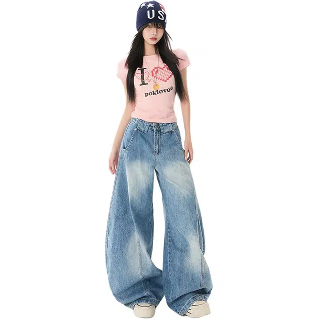 拾籍 设计感美式街头时尚复古水洗做旧垂感宽松弯刀阔腿牛仔裤 女款