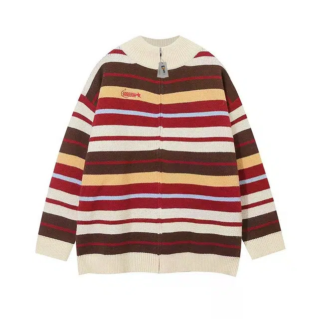 地界二 美式复古彩虹撞色开衫男潮牌宽松圆领外套复古彩虹撞色开衫字母青春活力风针织衫 男款