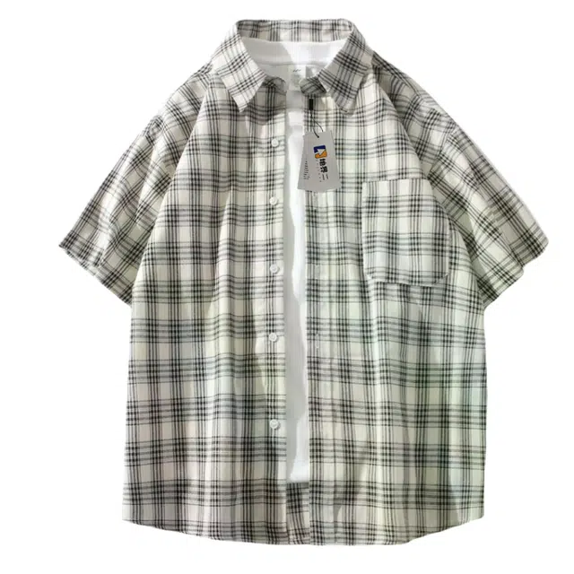 地界二 抹茶绿格子夏季潮牌日系复古高级感衬衣痞帅衣服衬衫 男款