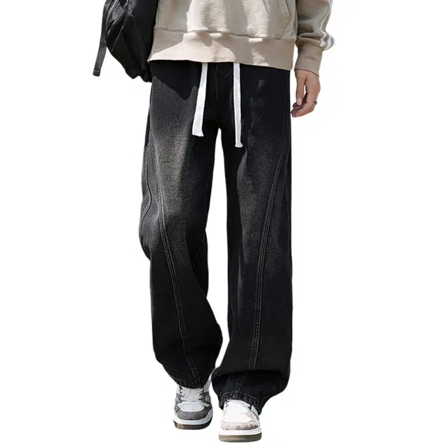 顶峰保罗 美式潮牌复古宽松直筒休闲时尚百搭无性别主义垂感做旧水洗高街弯刀系带设计感牛仔裤 男女同款