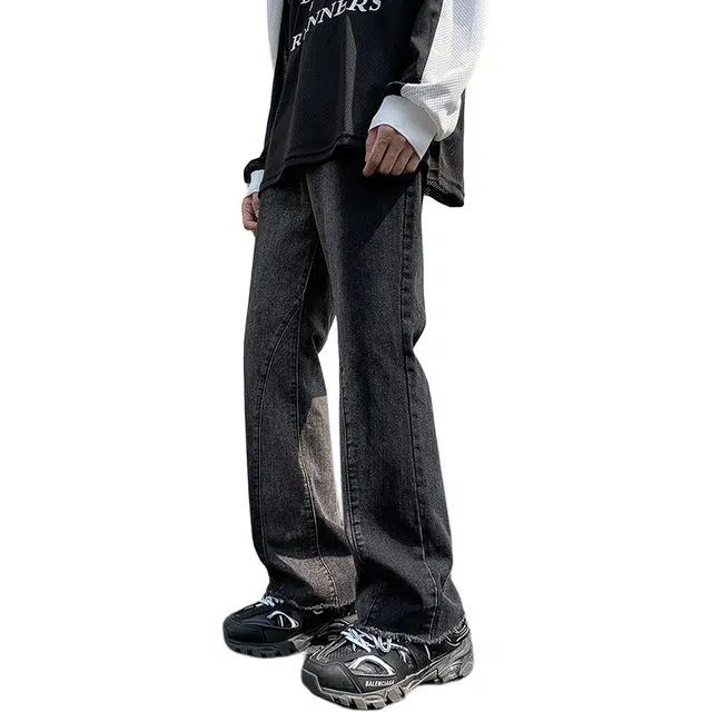 太子龍 美式复古做旧水洗微喇宽松百搭直筒毛边牛仔裤 男款