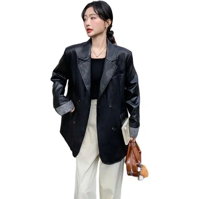 稻草人 复古独特撞色宽松休闲气质高级感机车皮衣 女款