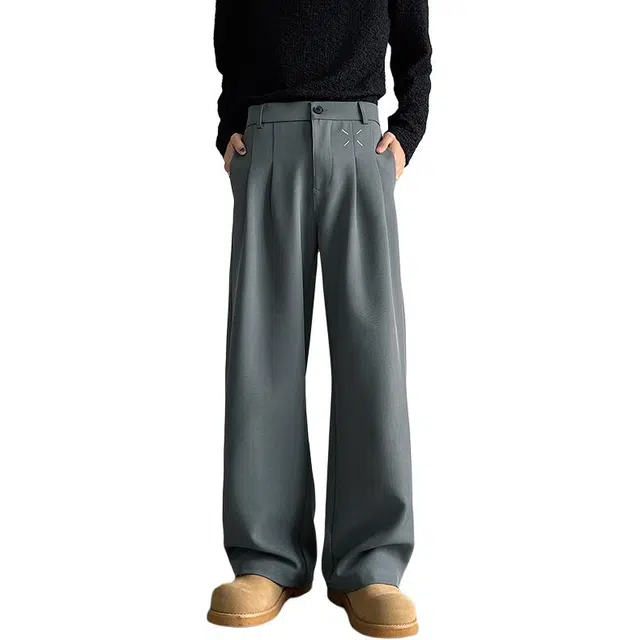 佐菲利 美式刺绣西装裤子潮牌垂感褶皱西裤宽松直筒休闲裤 男女同款