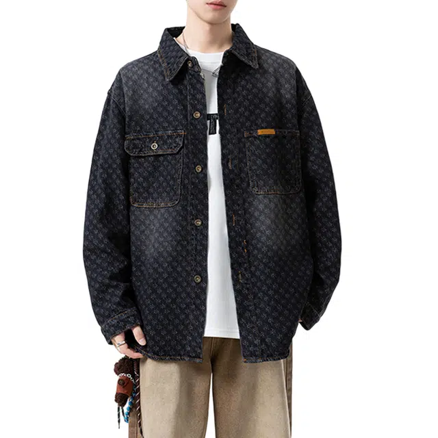 冈哉 提花满印大贴袋做旧缝线金属纽扣设计美式复古工装夹克宽松休闲舒适牛仔外套 男女同款