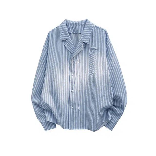 艾梵斯贝 美式复古潮流高级感撕漫男开衫外套文艺风休闲商务简约时尚百搭小众设计感竖条纹长袖衬衫 男款