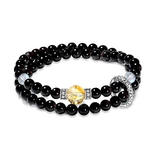 【平安顺遂】 百慕眸 新中式国潮 招财事业旺 小众高级感精致双圈叠戴祥串珠手饰#好运 黑曜石 手串 男女同款情侣款