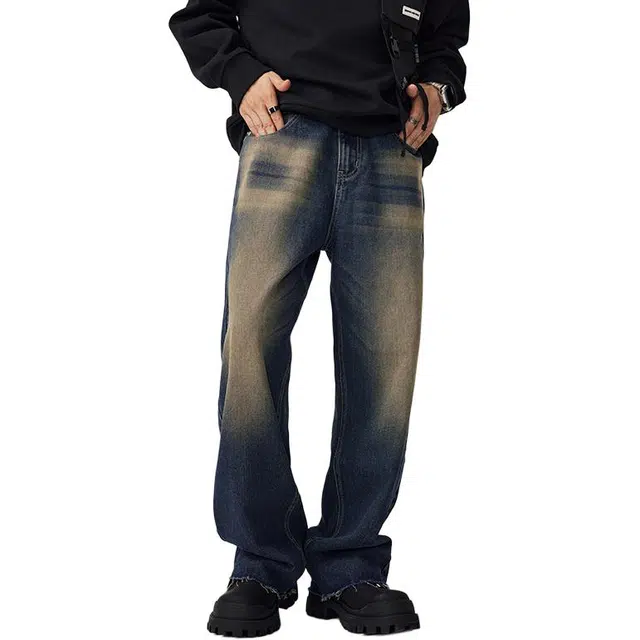 潮人榜 美式复古马骝重水洗休闲长裤男士宽松直筒春秋款裤脚毛边设计阔腿牛仔裤 男女同款