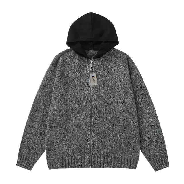 地界二 美式潮牌氛围感慵懒宽松开衫男秋季拼接撞色连帽外套慵懒宽松秋季纯色青春活力风针织衫 男款