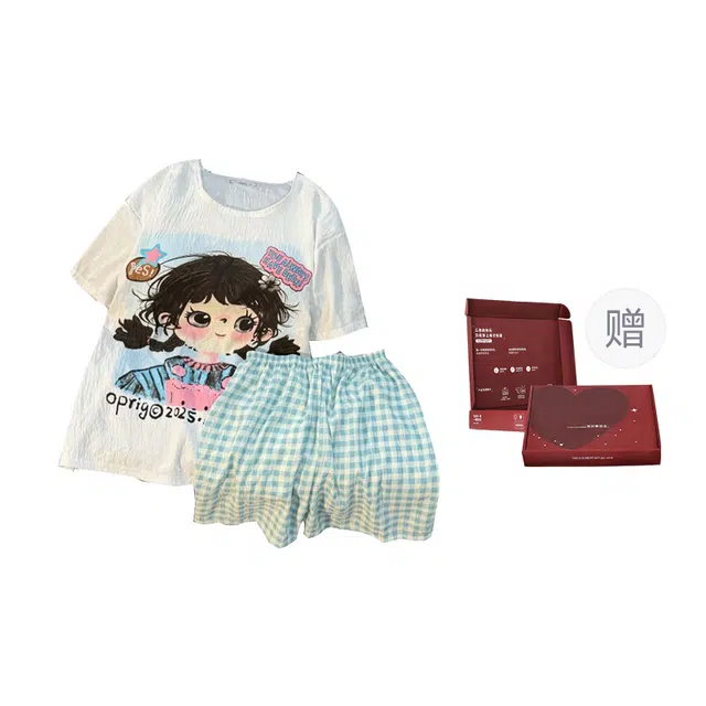 顶瓜瓜 棉质短袖短裤圆领套头可爱卡通女孩休闲家居服夏季睡衣礼盒 女款