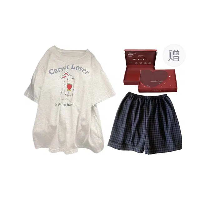 顶瓜瓜 云朵棉短袖短裤圆领套头简约甜美兔子格子家居服夏季睡衣礼盒 女款