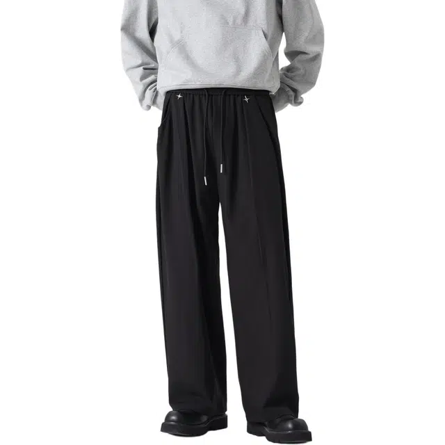 敦煌博物馆 美式复古金属四芒星直筒阔腿结构褶皱拖地中腰弹力纯色简约西裤垂感舒适透气松紧腰绳百搭运动通勤休闲裤 男女同款