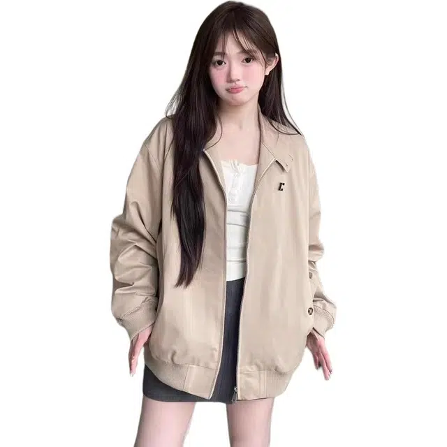 邓大喵 美式复古外套百搭春秋宽松工装学生小个子休闲上衣潮夹克 女款
