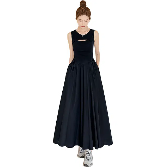 丝柏舍 纯色拼接镂空设计圆领气质黑色收腰长款简约无袖连衣裙 女款