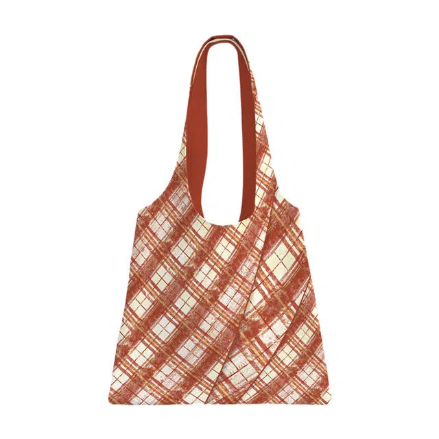 奥松 上班通勤百搭韩系慵懒风撞色格子 绒面科技布 托特包手提单肩包 女款 橘红色