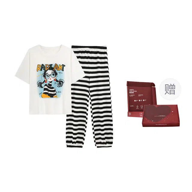 顶瓜瓜 棉质短袖长裤圆领套头可爱卡通女孩条纹休闲家居服夏季睡衣礼盒 女款
