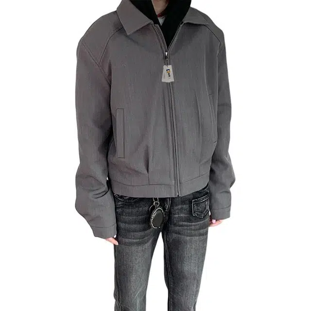 地界二 美式复古垫肩西装男秋季小众潮流设计高级感休闲拉链短款外套复古垫肩秋季纯色夹克 男款