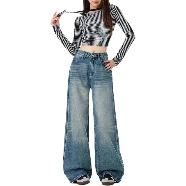 淑好百 复古宽松阔腿松弛风高腰牛仔裤 女款
