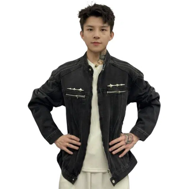 唐启 水洗做旧短款工装夹克春秋痞帅高级感美式复古垫肩牛仔外套 男女同款