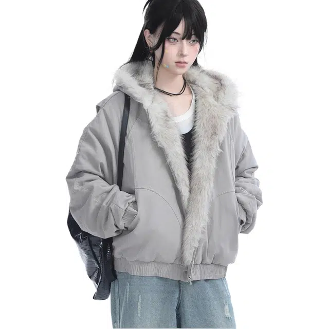邓大喵 美式复古加棉加厚毛领连帽外套女冬季高级感毛绒棉衣棉服 女款