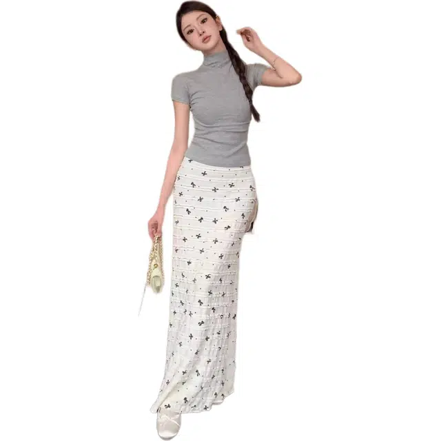 囍鱼少女 韩系度假风蝴蝶结印花蕾丝碎花鱼尾半身裙纯欲长裙夏裙装套装 女款