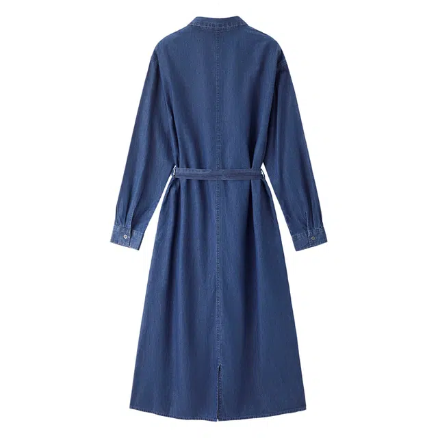 佐丹奴 纯棉薄款口袋绑带翻领牛仔长袖连衣裙 女款