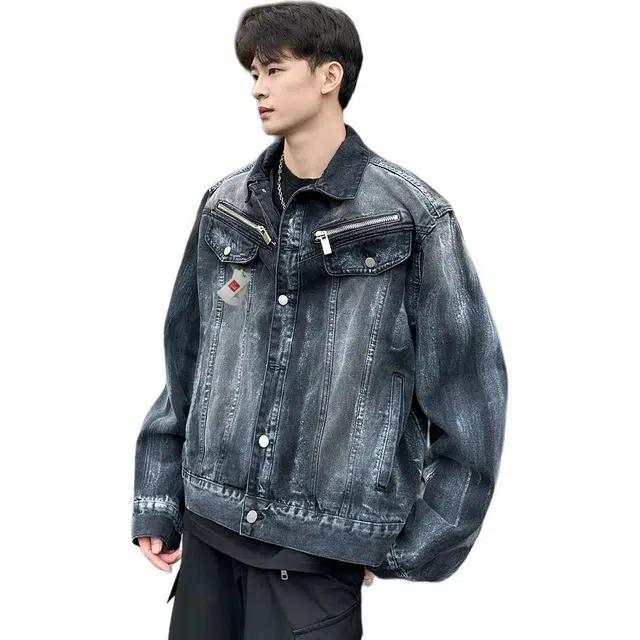 北极绒 重工拉链夹克男春秋季美式高街小众水洗宽松扎染设计廓形牛仔外套 男款
