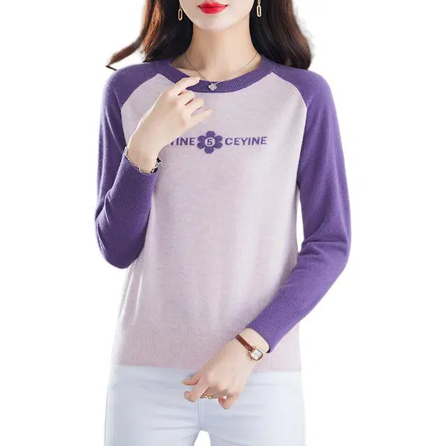 袋鼠 亲肤柔软简约时尚圆领撞色长袖打底羊毛针织衫 女款