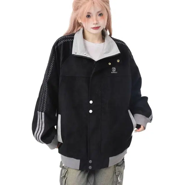 邓大喵 美式复古个性宽松拼服外套男女春秋刺绣立领夹克上衣潮棒球服 女款