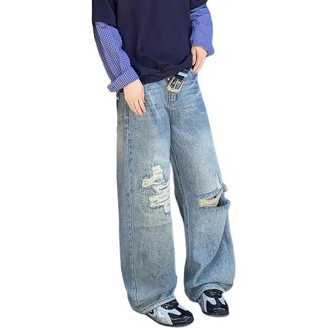 极限涡轮 美式高街阔腿宽松直筒破洞透气垂感裤子休闲裤 男女同款