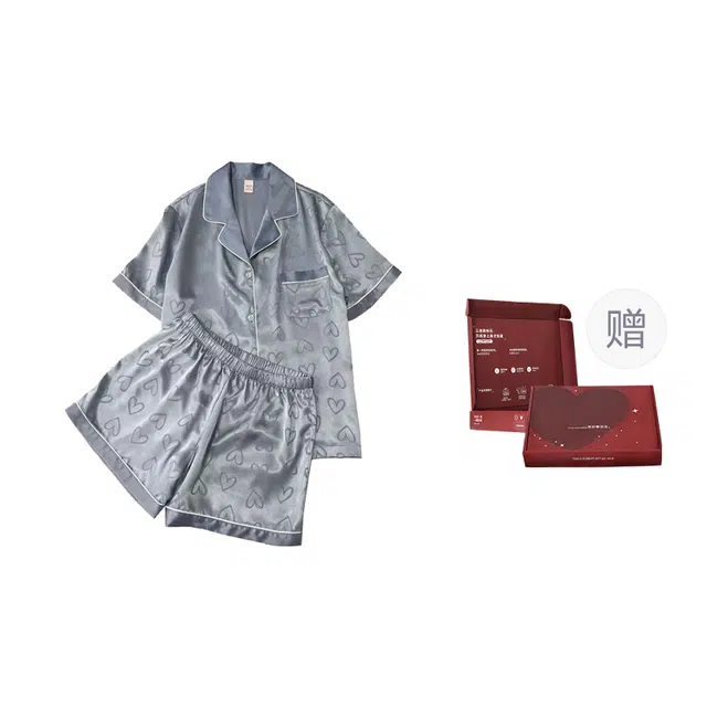 顶瓜瓜 冰丝短袖短裤翻领开衫甜美爱心凉感家居服夏季睡衣礼盒 女款