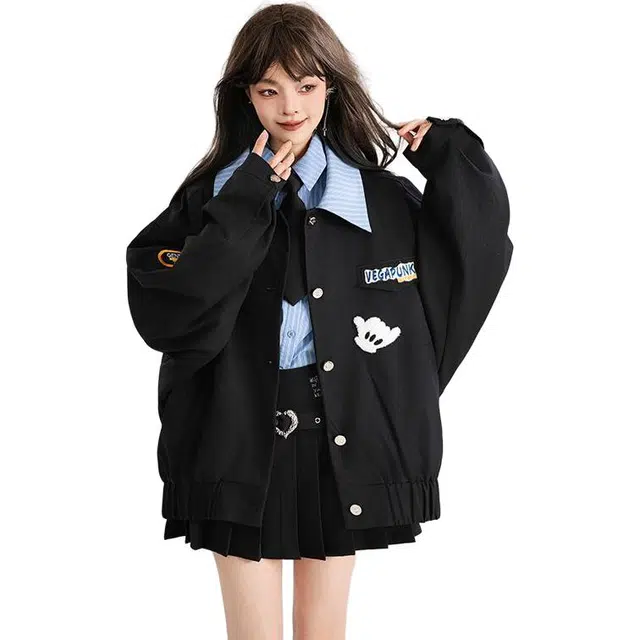 邓大喵 美式翻领外套女春季街头绣标宽松休闲上衣夹克 女款