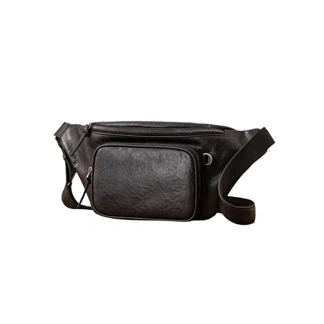 后步 复古通勤运动休闲 原创小众设计 牛皮 腰包 小号 男款 黑色