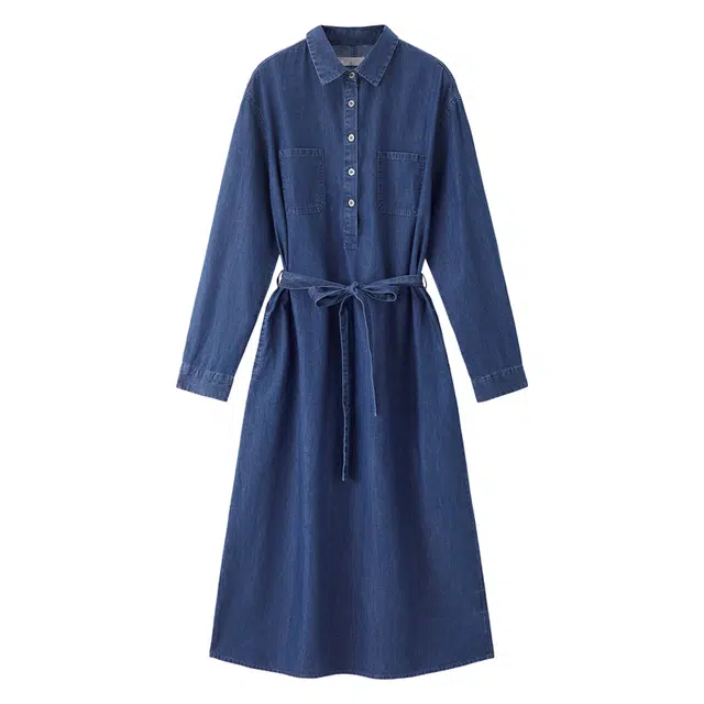 佐丹奴 纯棉薄款口袋绑带翻领牛仔长袖连衣裙 女款