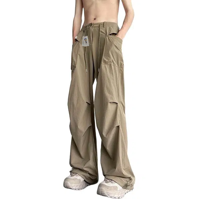 地界二 冰丝伞兵降落工装裤子男士夏季速干宽松直筒阔腿运动长裤冰丝夏季速干青春活力风工装裤中腰长裤牛仔裤 男款
